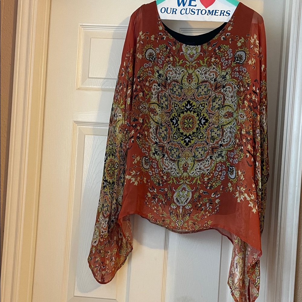 Clear out sale! Karen Kane blouse colorful orange and yellow Mandela style.